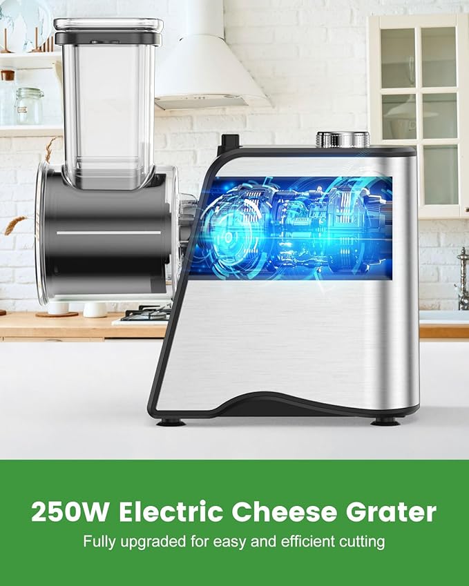 Electric Cheese Grater - 250W Electric Slicer Shredder Salad Maker with 5 Blades for Cheese, Vegetables, Fruits, and Salad, Easy One-Touch Control,5 in 1,Silver