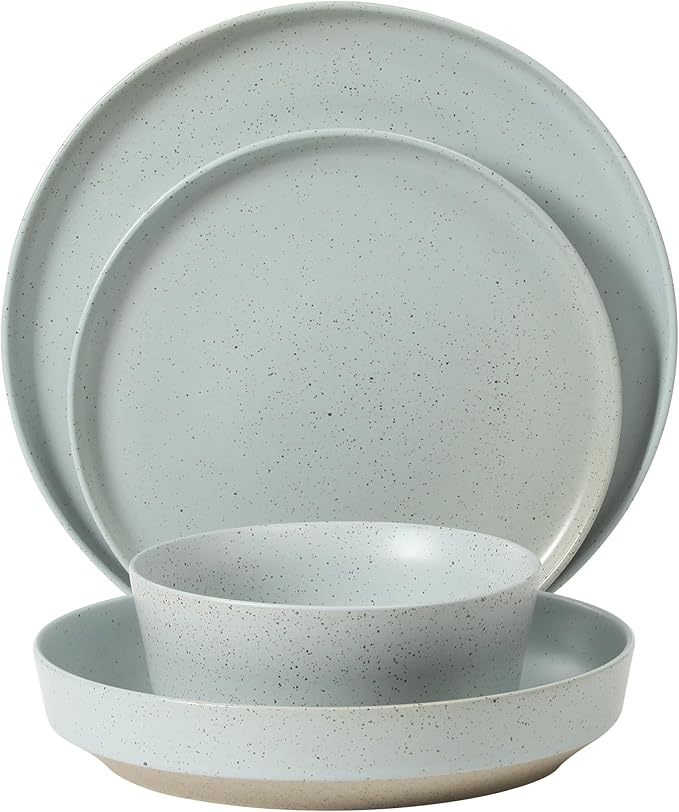 Gibson Elite Overbrook 16-Piece Pottery Clay Stoneware Dinnerware Set – Light Blue Reactive Glaze, Stackable Plates and Bowls w/Pasta Bowl, Service for 4 – Microwave & Dishwasher Safe