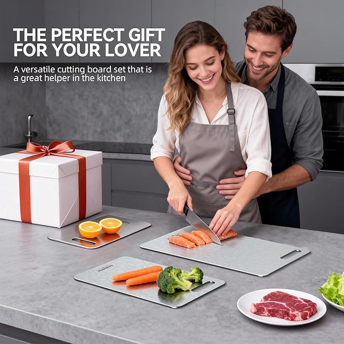 Titanium Cutting Boards Set of 3, 100% Pure Titanium Kitchen Cutting Board, Double-Sided Non-Toxic Cutting Board, Ideal for Slicing and Dicing Meats, Features Handle, Dishwasher Safe