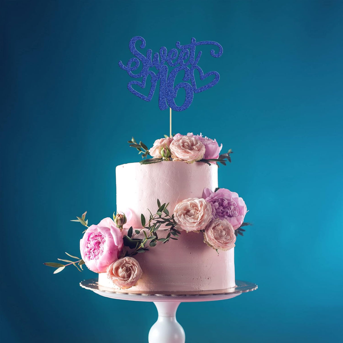 Gyufise 1Pc Sweet Teenager 16 Cake Topper Glitter 16th Birthday Cake Pick for Cheers to 16 Years Old 16th Birthday Party Cake Decorations Supplies Blue