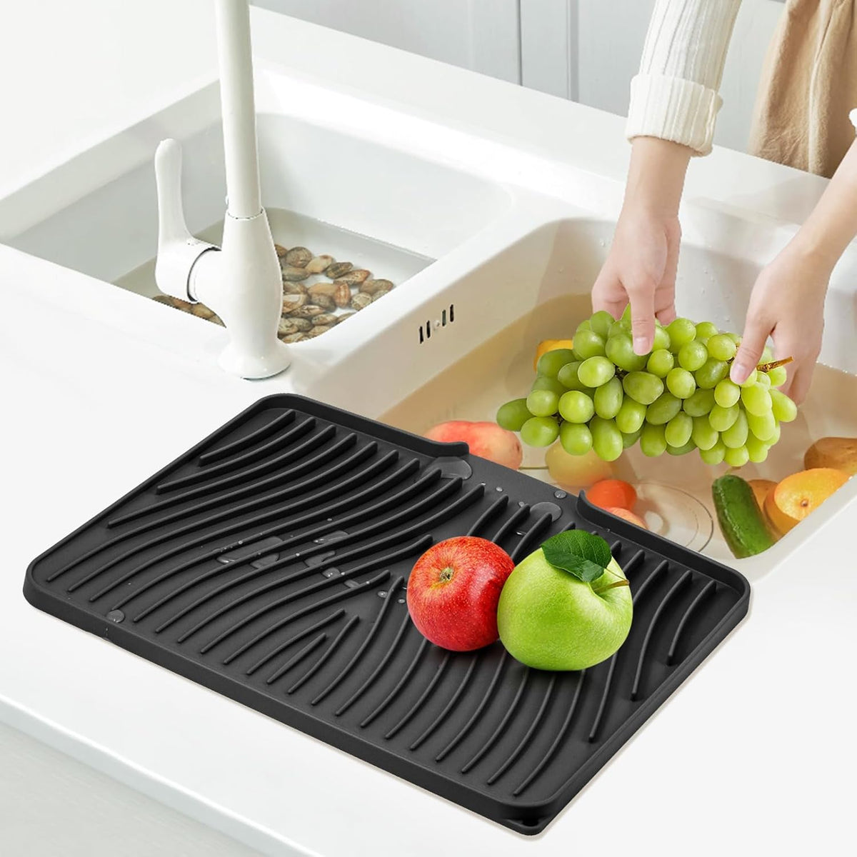 Silicone Dish Drying Mat for Kitchen Counter, Dish Drying Pad, Non-Slip Drain Pad with Built-in Drain, Heat Resistant Stone Drying Mat(15.8" x 13", Black)