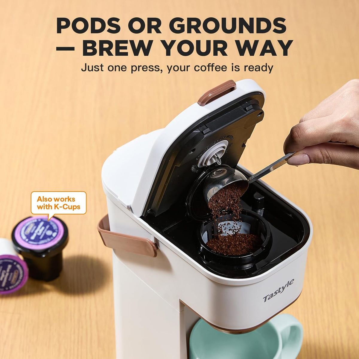 Single Serve One Cup Coffee Maker, for K Cups and Grounds, Mini Coffee Maker with Portable Handle, 6 to 12 Oz Brew Size, for Travel, Camping, Office, RV and Dorm, 120V, White and Brown