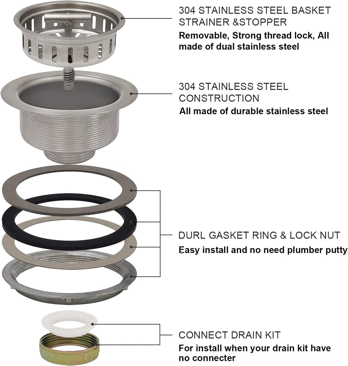 3-1/2 Inch Brushed Nickel Sink Strainers for Kitchen Sink, Stainless Steel Kitchen Sink Drain Strainer Assembly with Strainer Basket And Drain Stopper, US Standard Kitchen Sink Drain Replacement