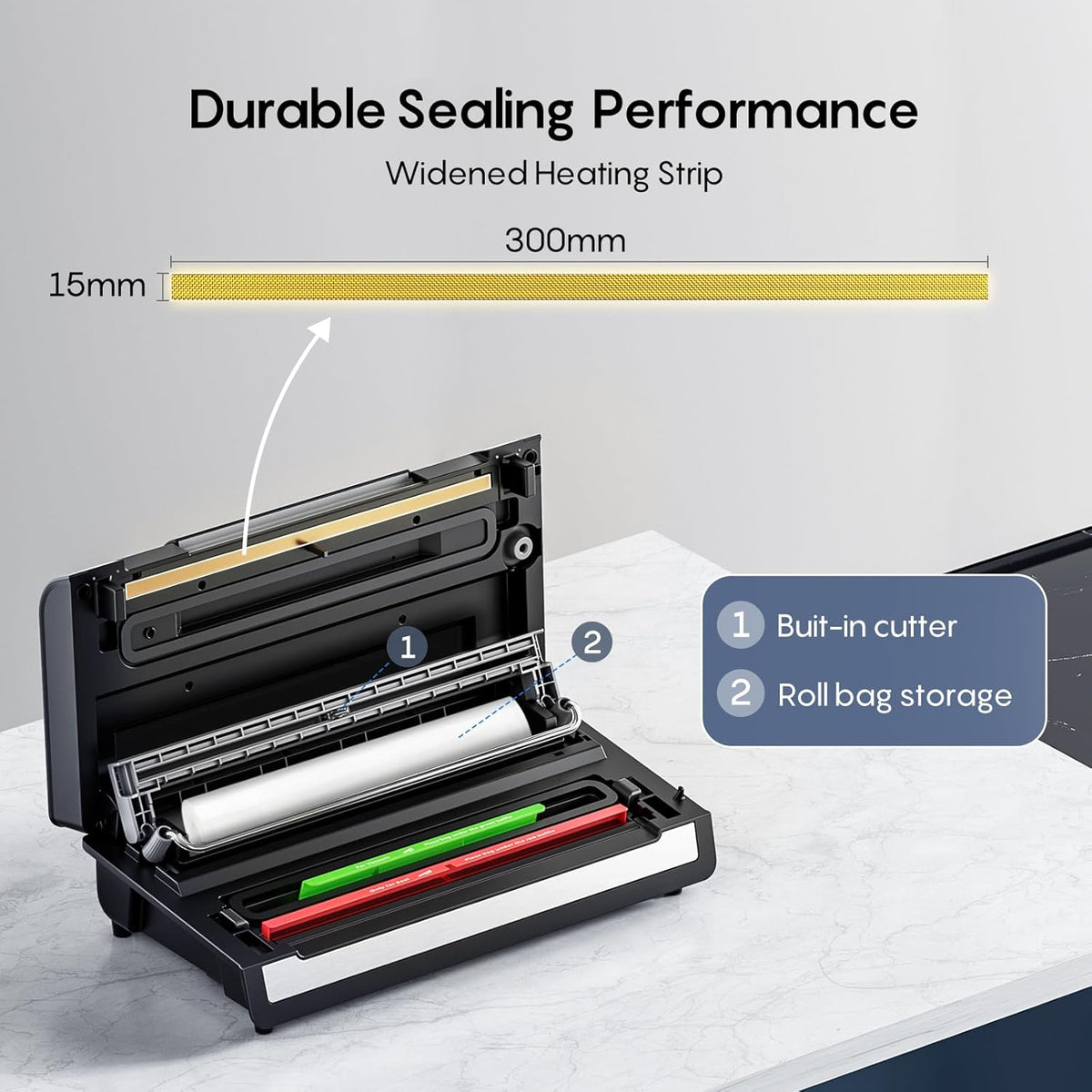 Automatic Vacuum Sealer, Powerful Food Vacuum Sealer Machine, Auto Dry-Wet Detection | Bag Cutter | 2 Rolls Bags | Effortless Operation, Black