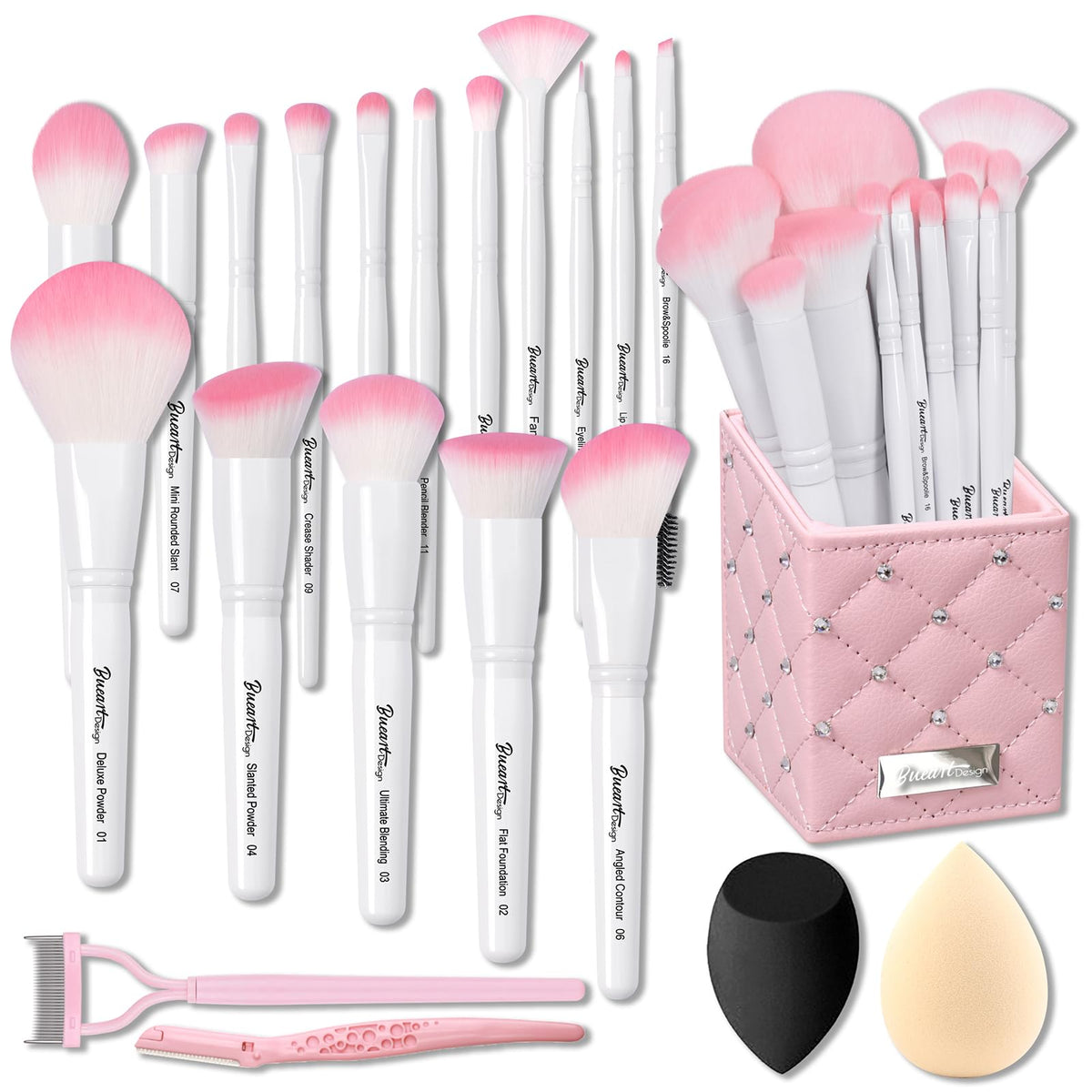 Bueart Design 16Pcs Ultra Soft Labeled Makeup Brushes Set With Brush Holder Face Brush For Foundation Powder Blending Blush Wood