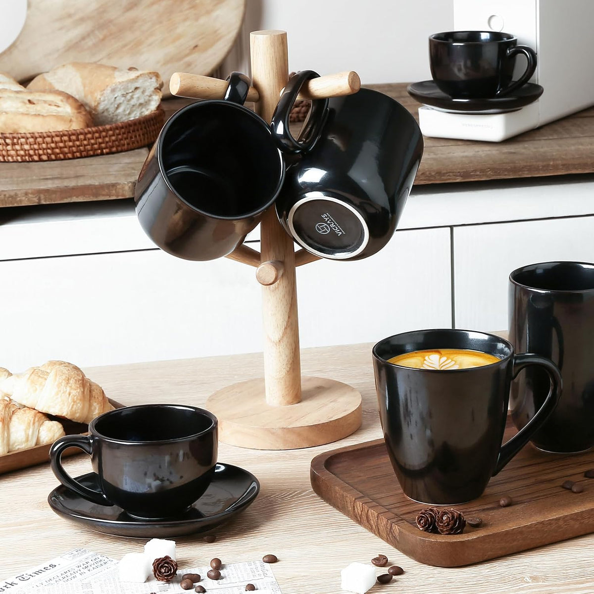 vicrays Ceramic Coffee Mug Set - 18 Ounce Large Stoneware Mug for Men Women - Unique Glazed Porcelain Mugs with Handle for Coffee Latte Tea Milk Cocoa - Set of 4 (Black)