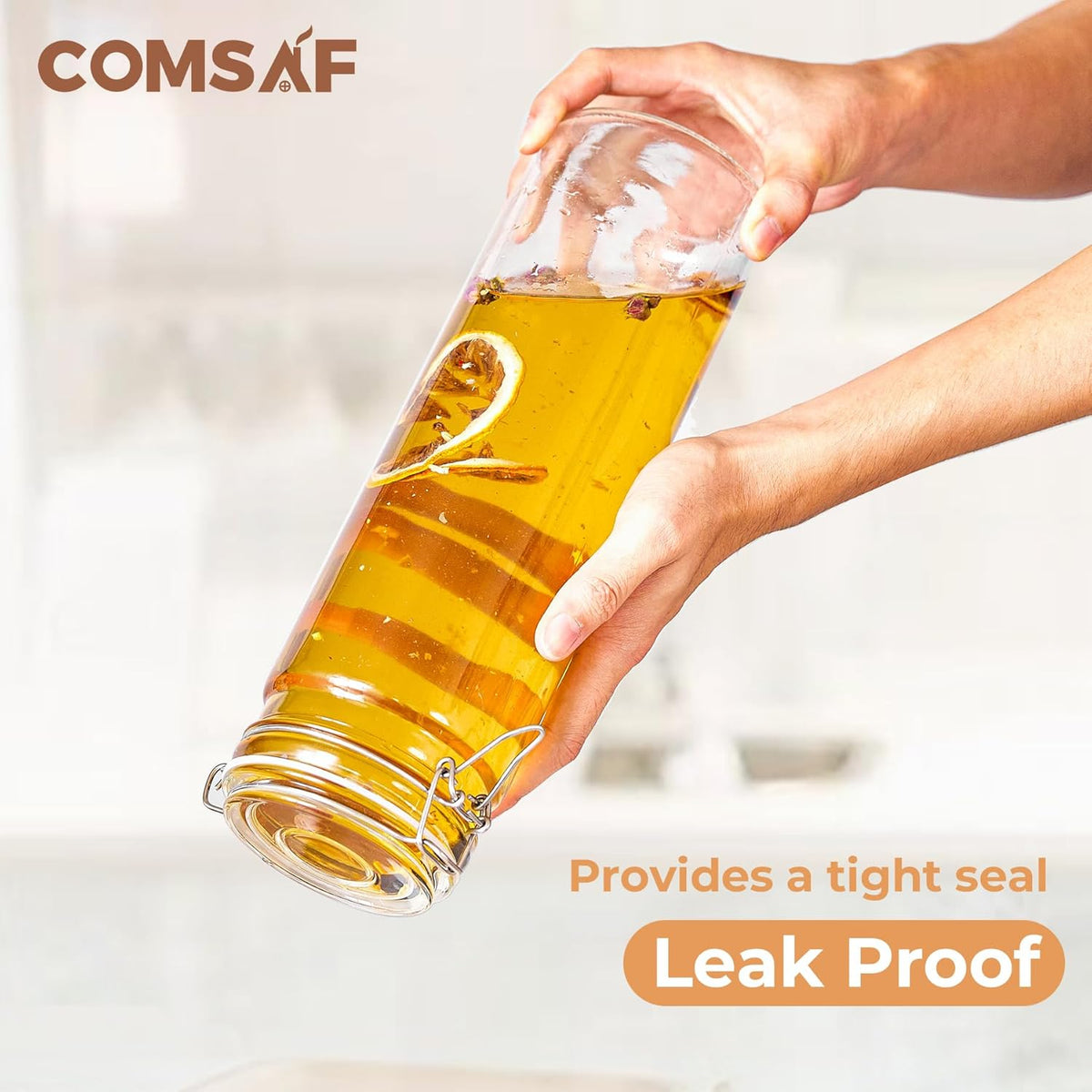 ComSaf 60oz Airtight Glass Jars Set of 3 with Lids Food Storage Jar Round - Tall Spaghetti Container with Clear Preserving Seal Wire Clip Fastening, Pasta jar for Kitchen Canning, Nut,Oat, Dry Goods