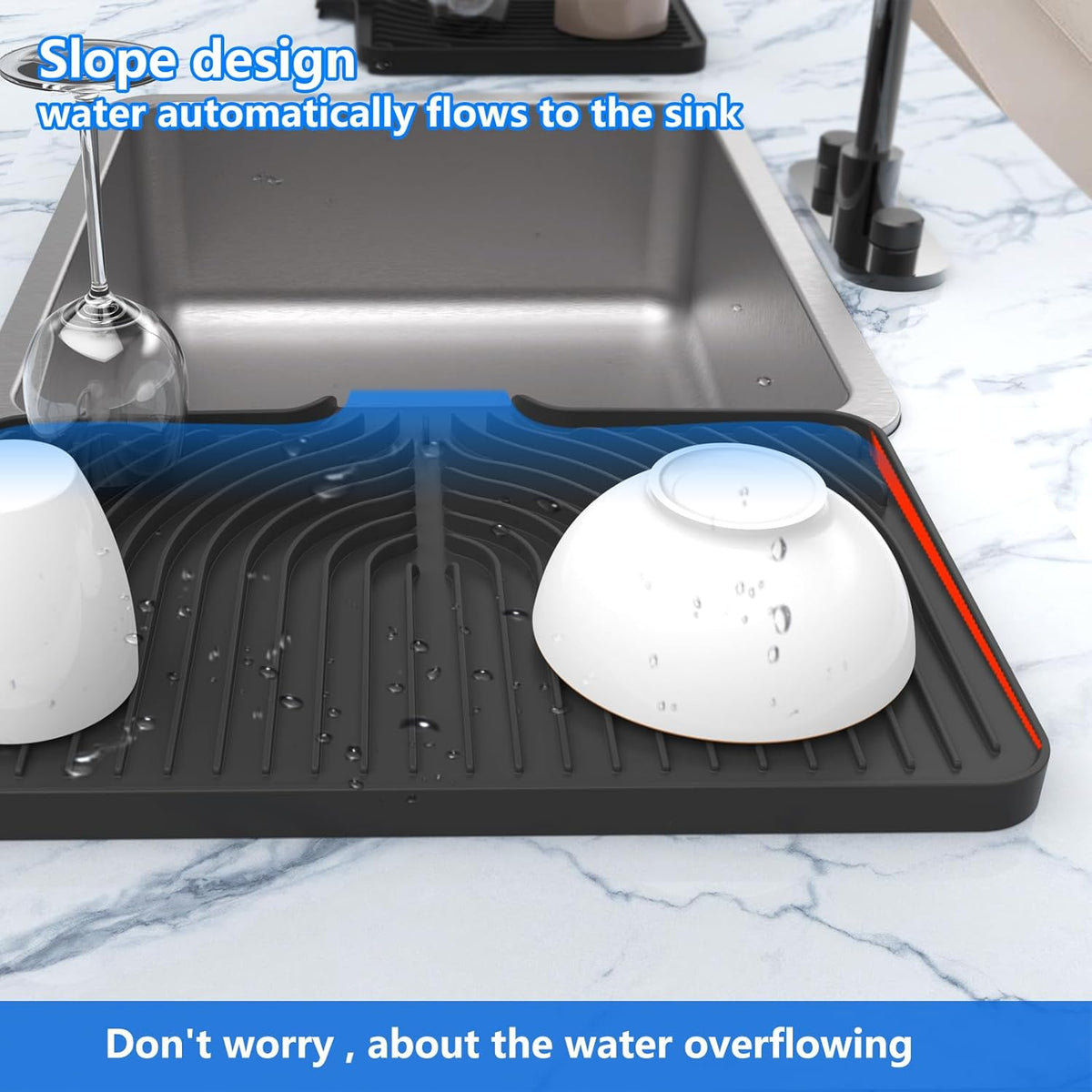 Kitchen Drying Mat for sink with a bulged edge,18"×12"Silicone Dish Drying Mat with built-in Drain Spout, Rubber Dish Mat for Kitchen (18"×12"black)