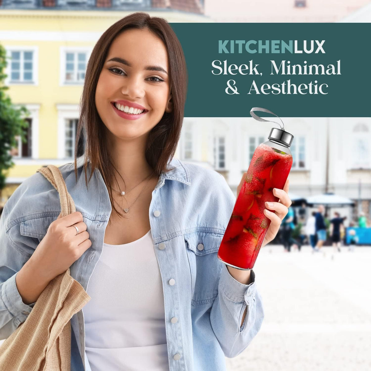 16 Ounce Glass Water Bottles, Reusable Water Bottles with Airtight, Pack of 12, Stainless Steel Lids Carrying Strap And Nylon Water Bottle Protective Sleeves for Hot Or Cold Drinks