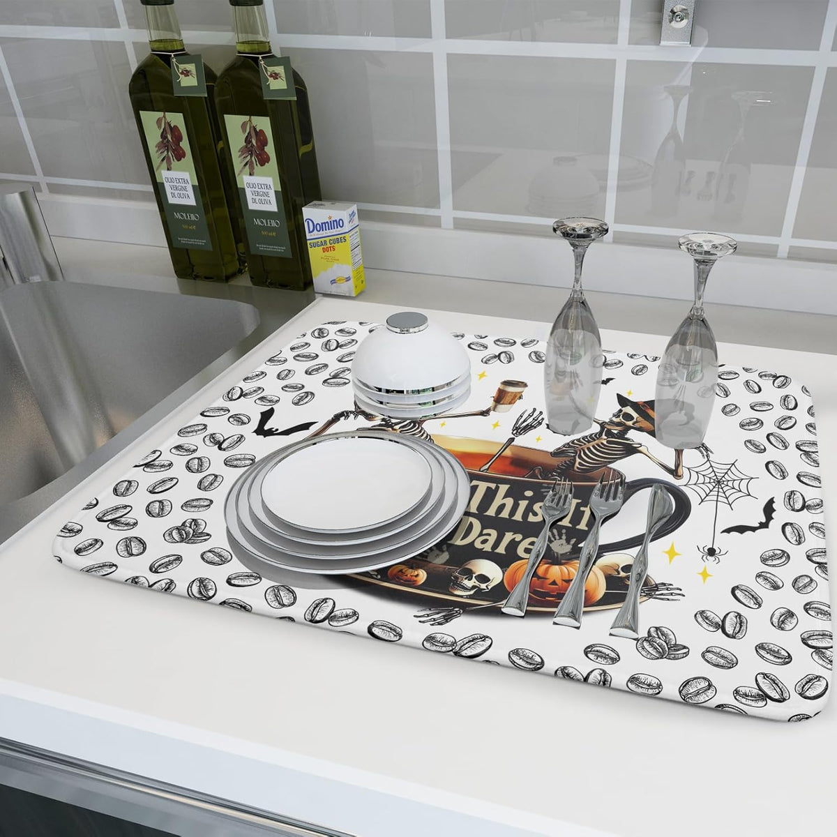 Skull Dead Coffee Mat Funny Dish Drying Pad for Kitchen Counter Absorbent Coffee Bar Accessories 18 X 24 Inch