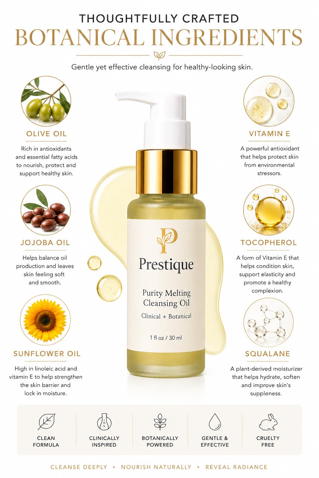Prestique Purity Cleansing Oil, Makeup Remover Oil & Face Wash – Grape Seed, Sunflower, Rice Bran, Avocado Oils, Fragrance-Free – Removes Waterproof Cosmetics, Sunscreen & Pollutants – 1 fl oz