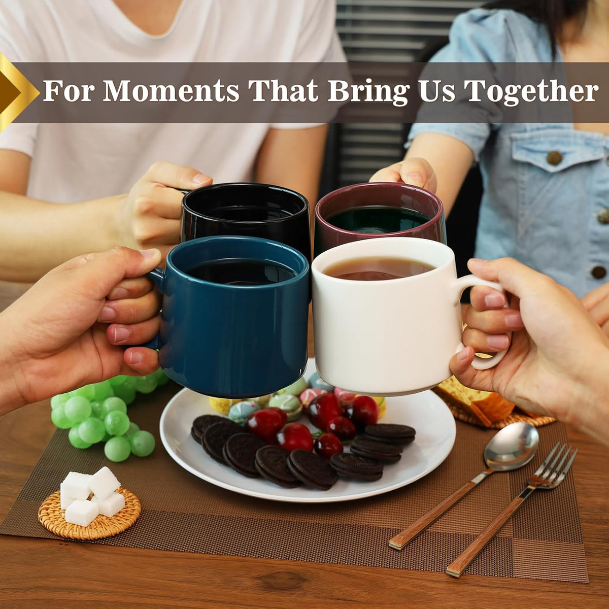 19 oz Large Coffee Mugs Set of 4, Stackable Ceramic Coffee Mugs with Large Handles for Coffee, Latte, Cappuccino, Milk, Dishwasher & Microwave Safe, Ideal for Men, Women, Dads (Multicolor)