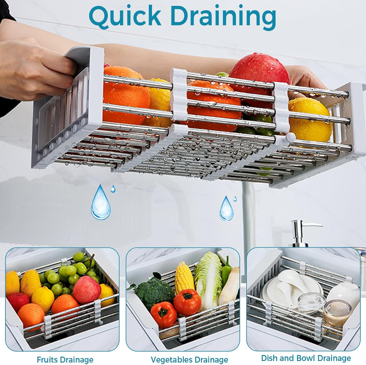 COVRA Over Sink Dish Drying Rack, Stainless Steel Drainer for 11"-19" Sinks, Kitchen Countertop Organizer for Dishes, Vegetables, and Fruits (Black)
