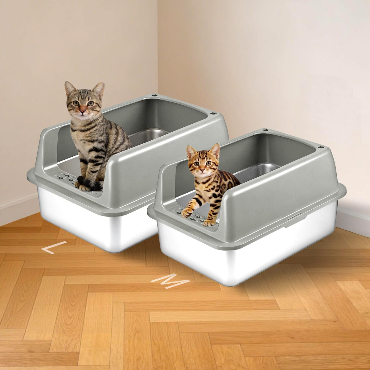 Kirecoo 2 Pack Medium Semi-Enclosed Stainless Steel Cat Litter Box with Lid
