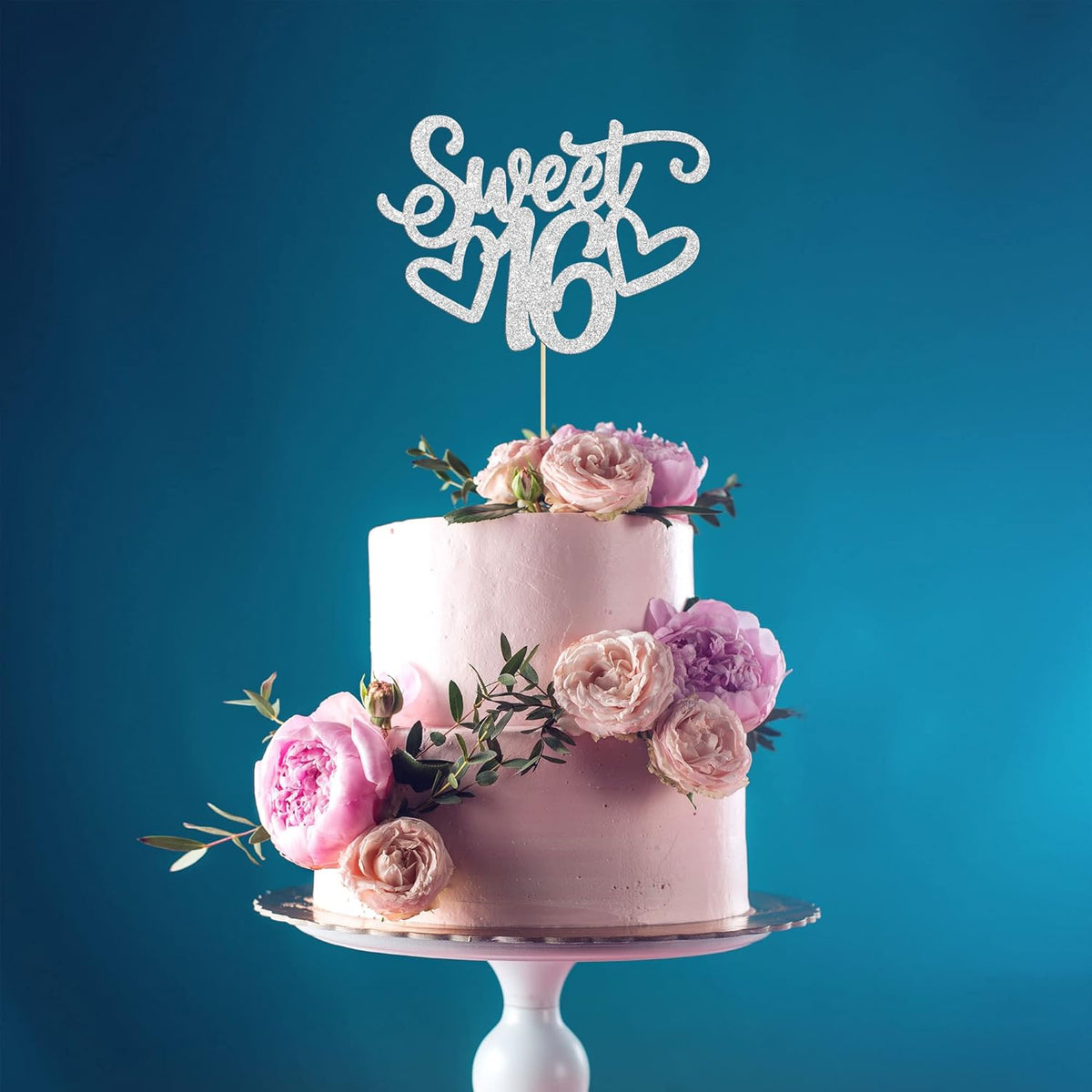 Gyufise 1Pc Sweet Teenager 16 Cake Topper Glitter 16th Birthday Cake Pick for Cheers to 16 Years Old 16th Birthday Party Cake Decorations Supplies Sliver