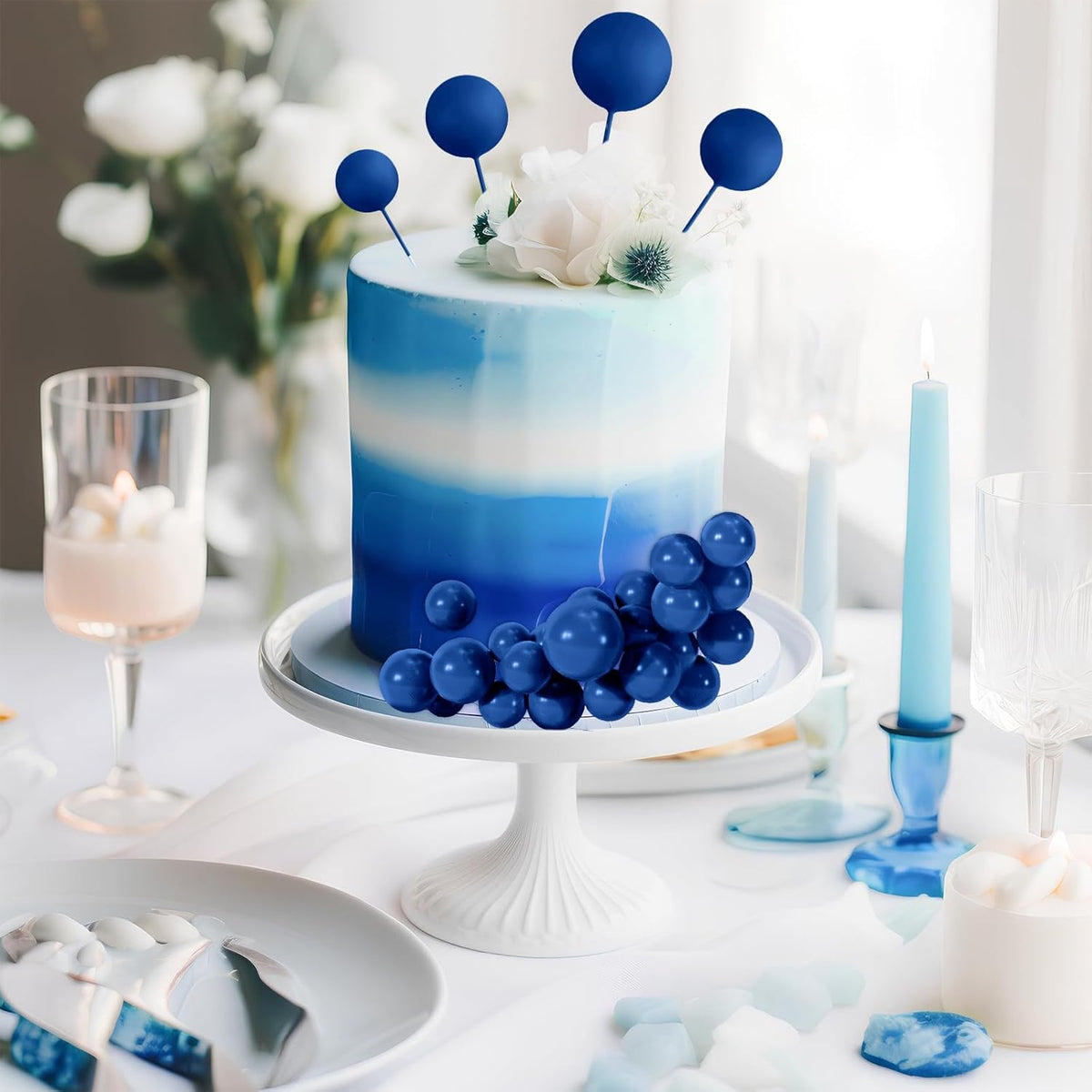 48 Pcs Balls Cake Topper Decorations Balloon Cupcake Toppers Foam Cake Topper Balls Cake Balls Decorations for Birthday Party Wedding Anniversary Cake Decorating (Royal Blue)