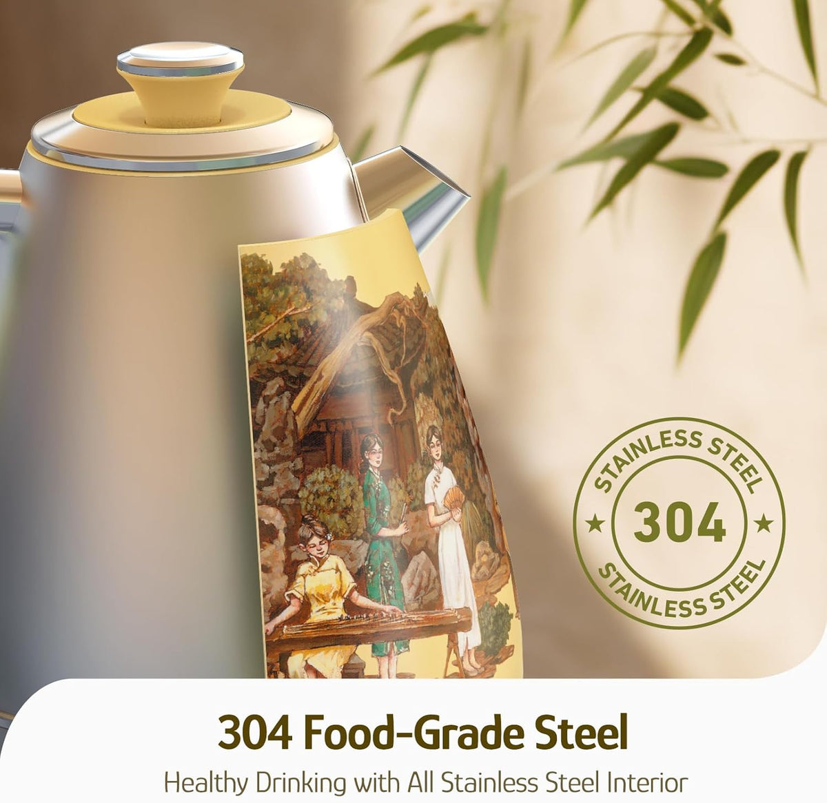 Hazel Quinn Retro Electric Kettle - 1.7 Liters / 57.5 Ounces Tea Kettle with Thermometer, All Stainless Steel, 1200 Watts Fast Boiling, BPA-free, Cordless, Automatic Shut Off - Garden Scenery