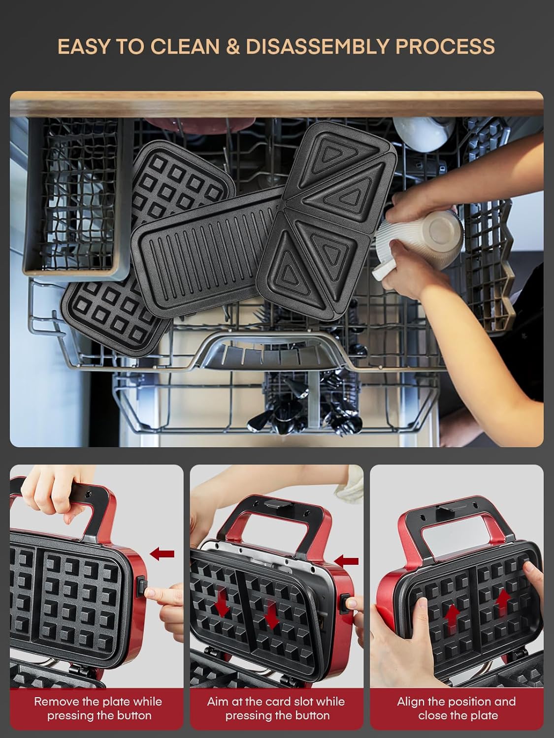 FOHERE Waffle Maker 3 in 1 Sandwich Maker 1200W Panini Press With Removable Plates and 5-gear Temperature Control, Non-stick Coating Easy to Clean,Indicator Lights, Red