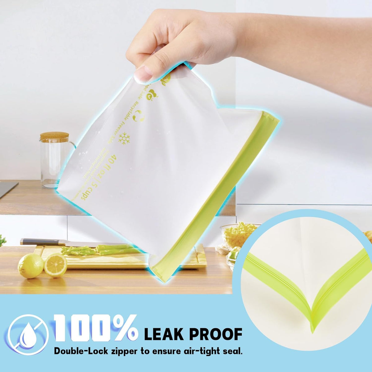 20 Pack Reusable Food Storage Bags,Leakproof Freezer Bags BPA Free Stand Up Sandwich Bags for Lunch Salad Fruit Travel,Dishwasher Safe(6 Gallon,8 Sandwich,6 Snack)