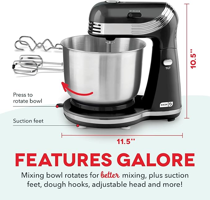 Dash Stand Mixer (Electric Mixer for Everyday Use): 6 Speed Stand Mixer with 3 qt Stainless Steel Mixing Bowl, Dough Hooks & Mixer Beaters for Dressings, Frosting, Meringues & More - Black