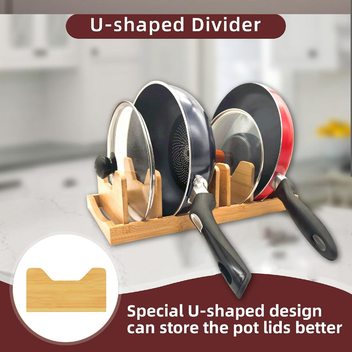 Bamboo Pot Lid Organizer for Cabinet & Kitchen Counter, Pan Lid Organizer Inside Cabinet, Pot Lid Holder, Sheet Pan Rack, Adjustable Pot Cover Holder Rack for Countertop, Under Cabinet