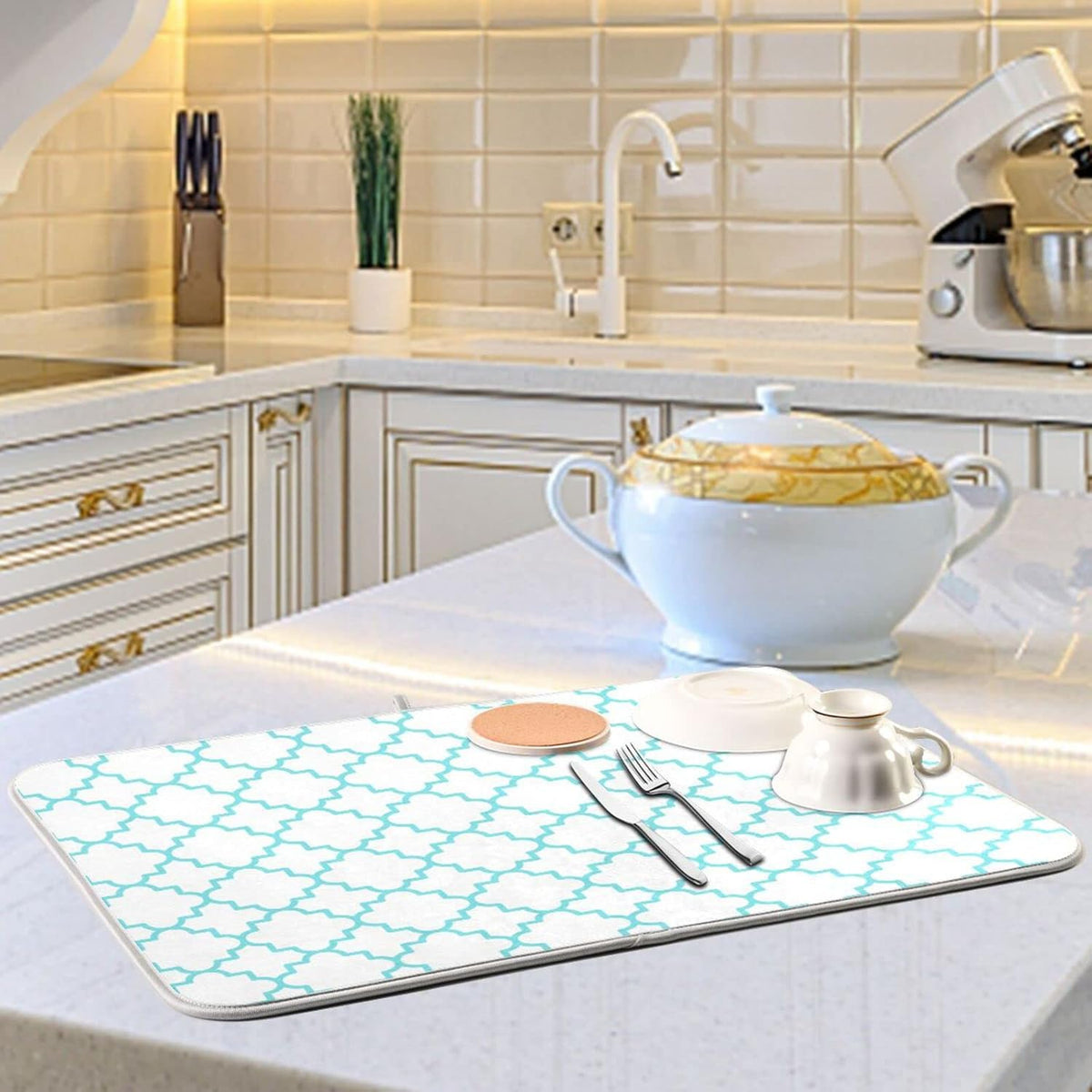 Senya Super Absorbent Dish Drying Mat, Microfiber Fast-Drying Dish Mat, 16/ x 18/, Kitchen Dish Drying Pad, Traditional Quatrefoil Lattice Pattern