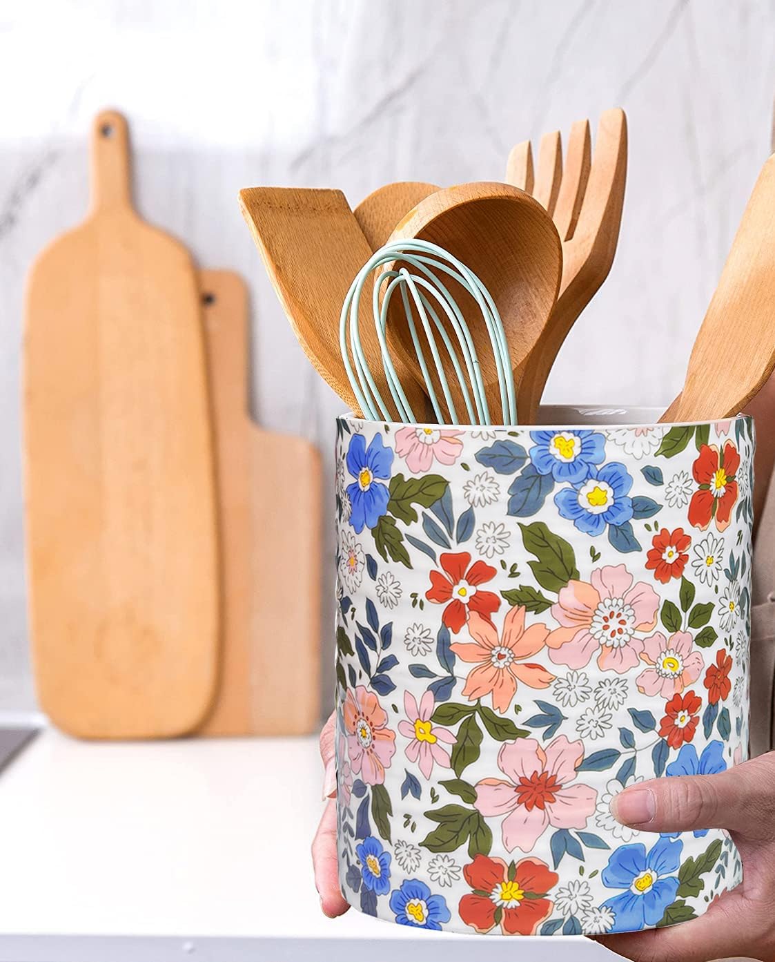 Kitchen Utensil Holder,7.2″Extra Large Stable Vintage Floral Pattern Ceramic Utensil Crock,Flower Utensil Organizer for Countertop,Kitchen Decor,Utensil Holder for Housewarming Gift Pink