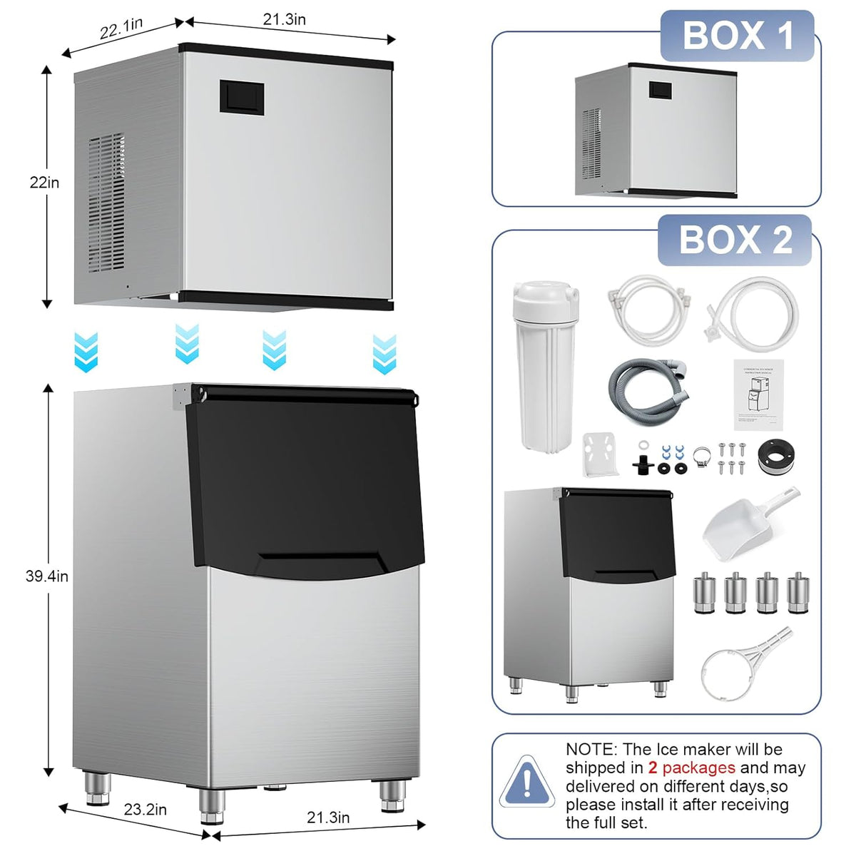 Ice Machine Commercial Ice Maker Machine, 400 Lbs/24H Industrial Ice Machine, 350 Lbs Storage Commercial Ice Machines Free Standing, Cubes Ice Makers Commercial, Restaurant, Cafe, Bar, Hotel