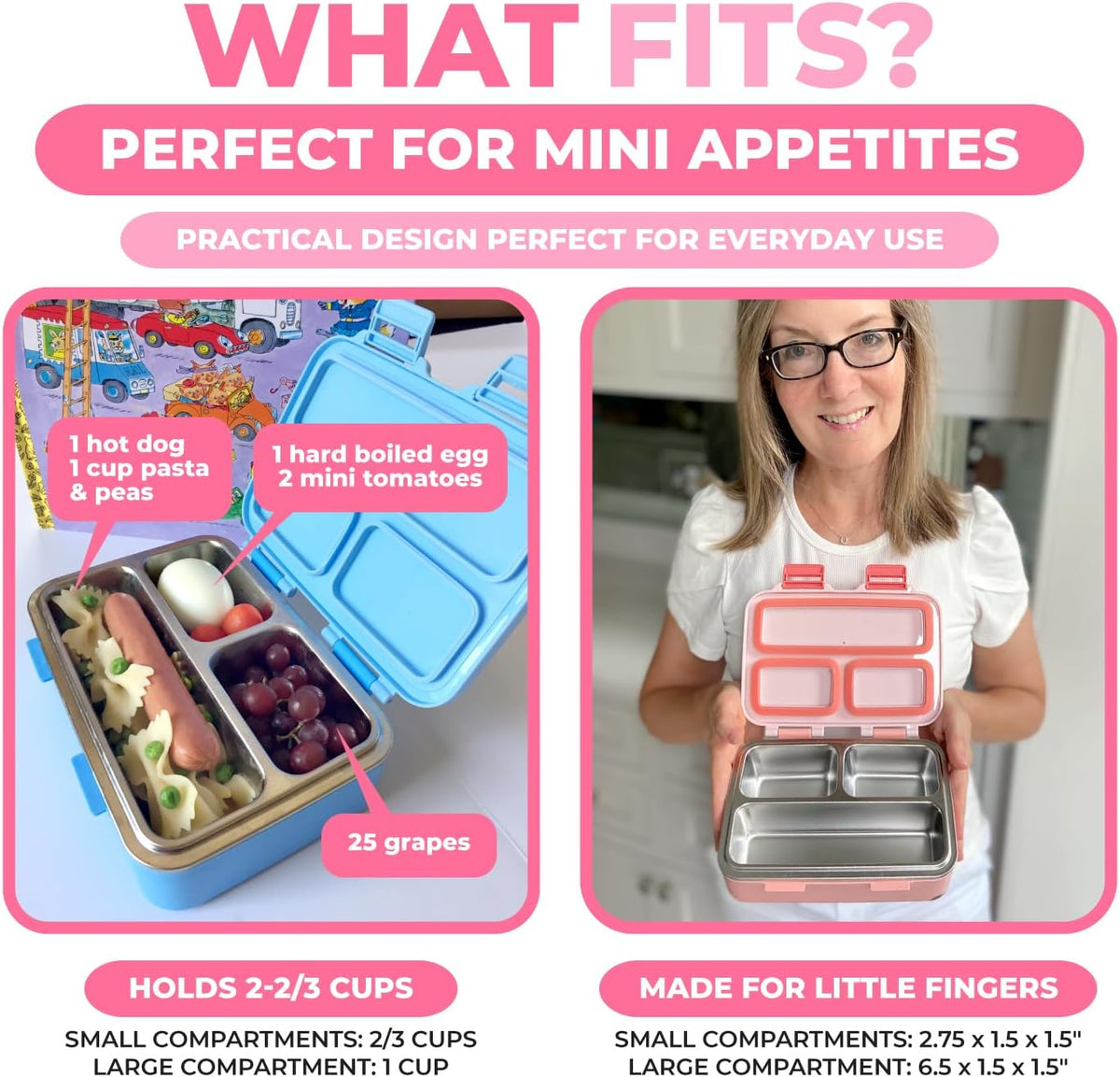 Stainless Steel Lunch Box for Baby Toddlers Girls, Mini Bento, 3 Eco Metal Portion Sections Leakproof Lid, Pre-School Daycare Lunches, Toddler Kids Spill-Proof Snack Container, 18 oz/550 mL Pink