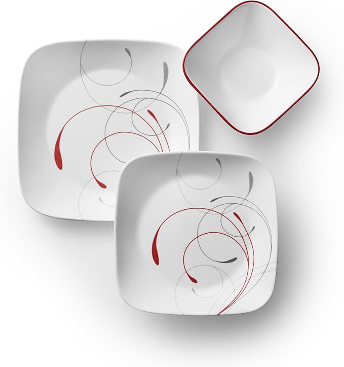 Corelle Vitrelle 18-Piece Service for 6 Dinnerware Set Triple Layer Glass and Chip Resistant, Lightweight Square Plates and Bowls Set, Splendor