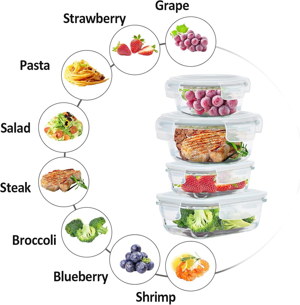 Glass Food Storage Containers with Lids Airtight 6 Pack, Glass Storage Containers with Lids for Food, Not Easy Broken & Leak Proof, Oven/Dishwasher Safe, Grey