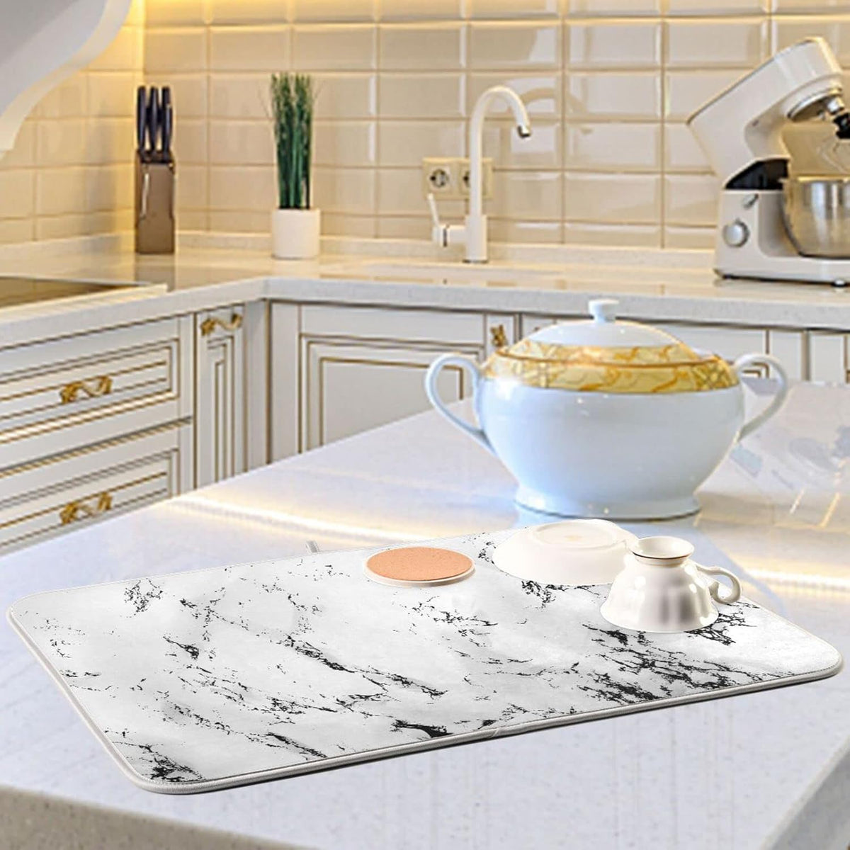Super Absorbent Dish Drying Mat, Microfiber Fast-Drying Dish Mat, 16" x 18", Kitchen Dish Drying Pad, White Marble