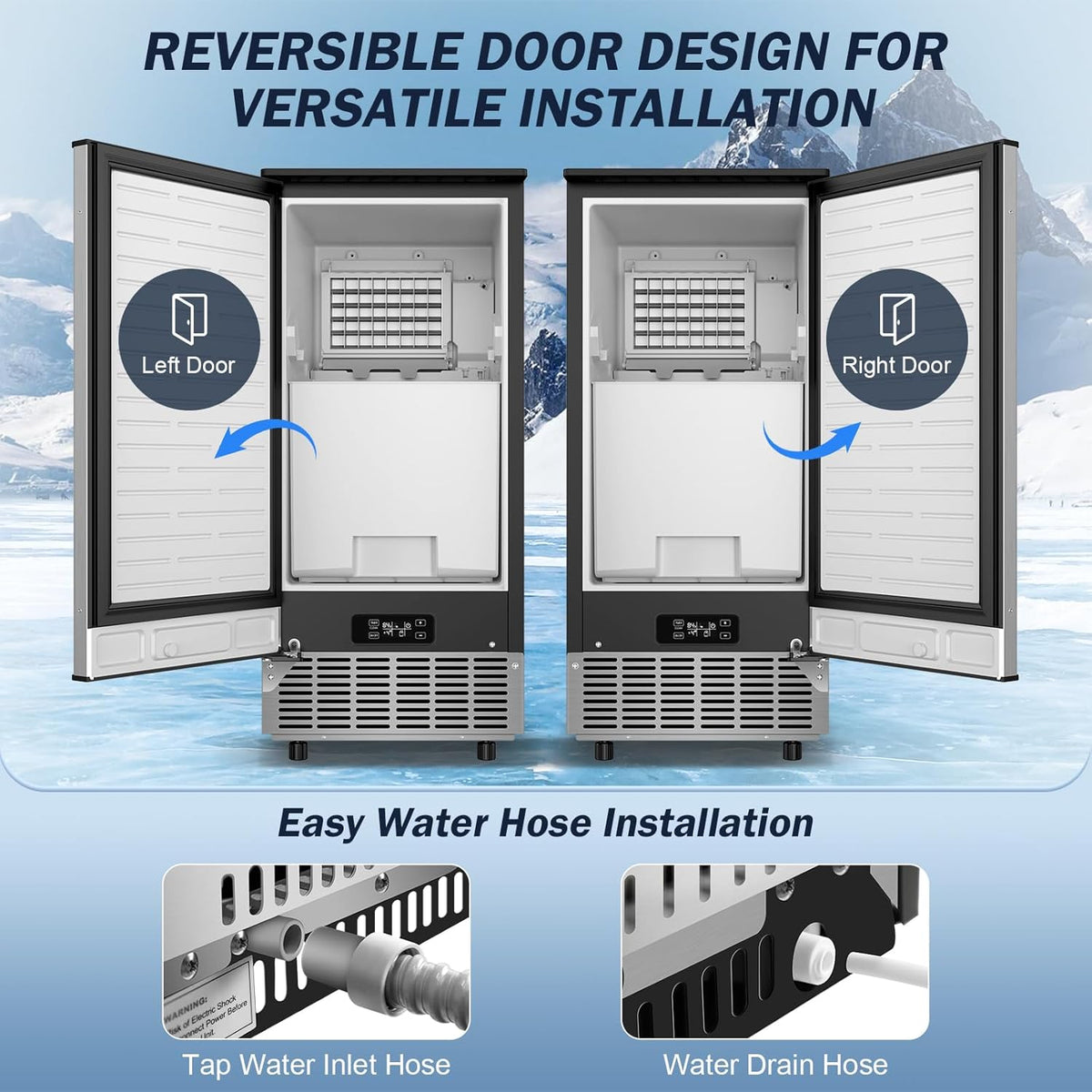 Under Counter Ice Maker Machine Commercial - 120LBS/24H with 30lbs Ice Storage Bucket & Reversible Door, Built-in Freestanding Ice Machine, Automatic Cleaning/24 Hours Timer, For Home & Commercial Use