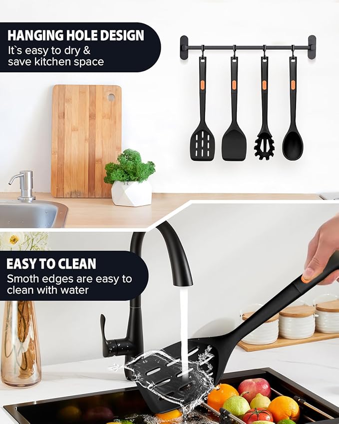 Silicone Spatulas and Spaghetti Spoons, 4 Pack Heat Resistant Full Silicone Cooking Utensils Set, Non Stick Large Kitchen Spatula Spoons for Cooking, Mixing, Serving, Draining