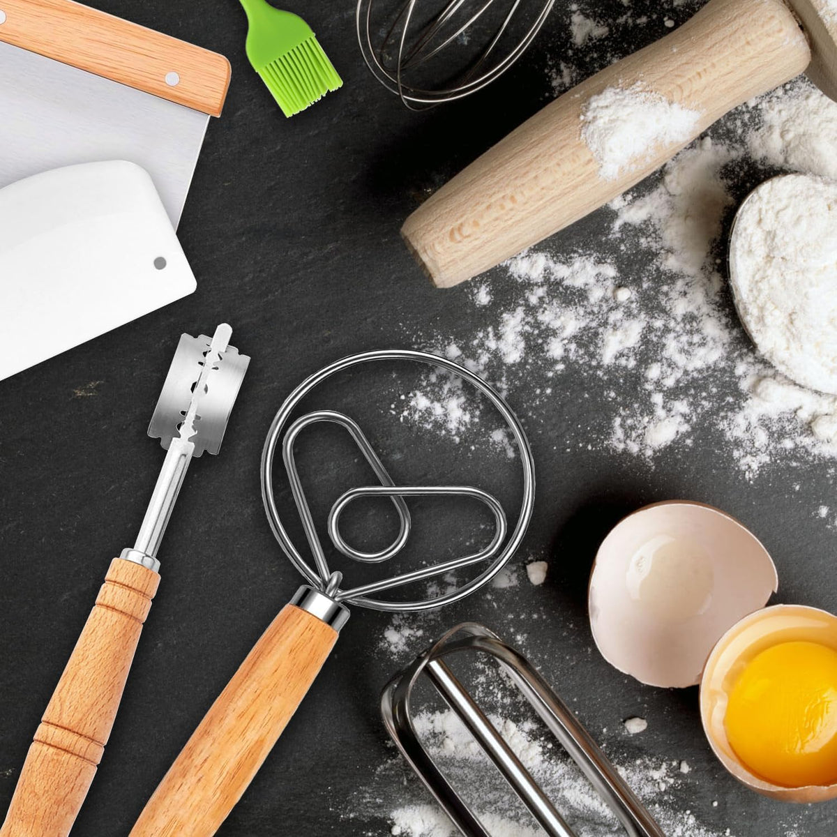 Bread Making Tools Set,Danish Dough Whisk with Sourdough ScoringTool,Bread Making Tools and Supplies, Dutch Whisks for Dough, With Dough Scraper Sourdough Cutter, Pastry Brush
