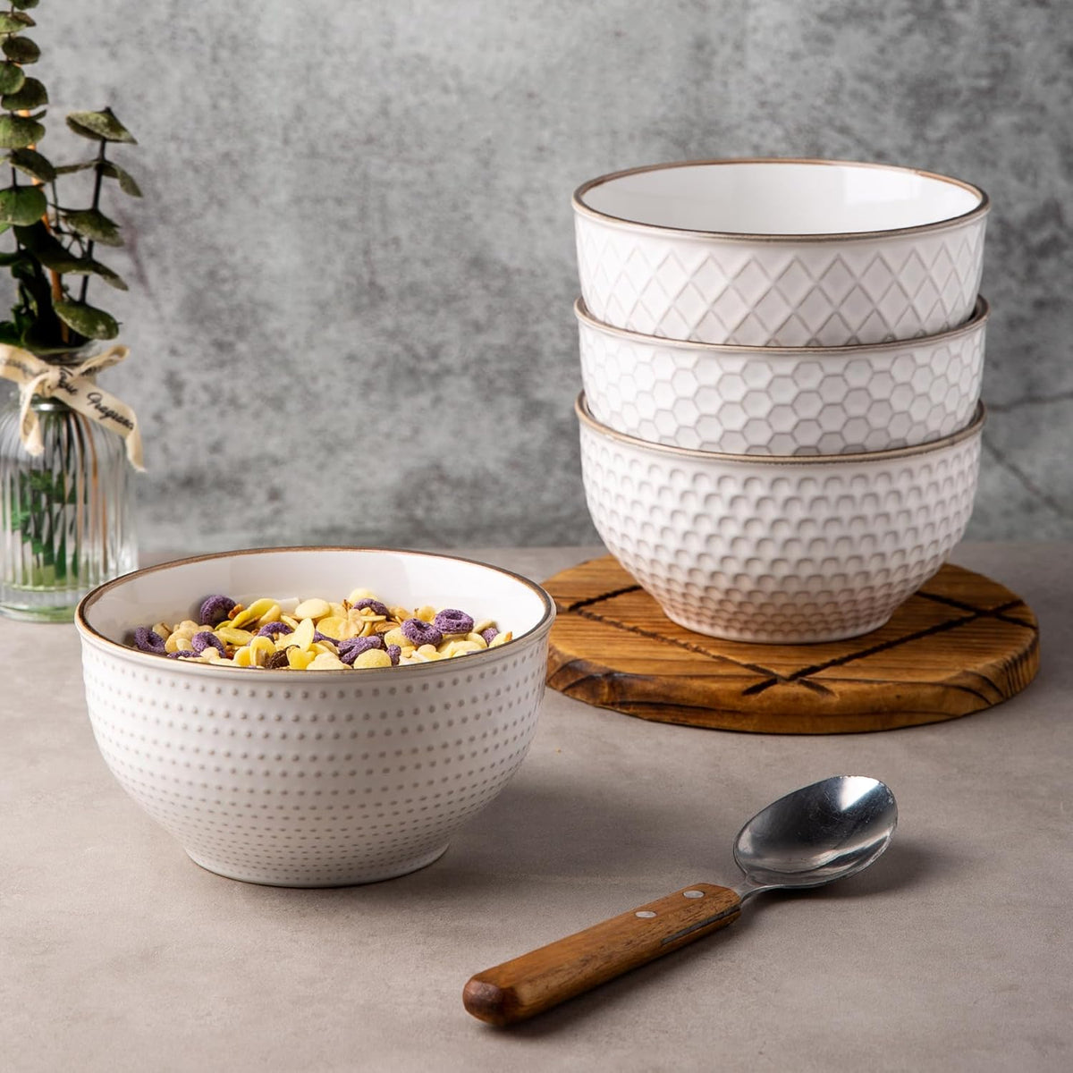 GBHOME Stoneware Cereal Bowls Set of 4, 24 oz Ceramic Soup Bowls with Texture Patterns for Soup,Oatmeal, Snacks, Perfect Bowls for Wedding, House-warming Gift-Off White