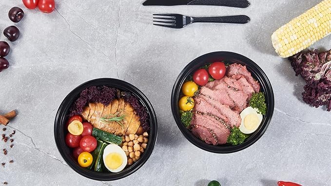 38 oz 150 ct Round Meal Prep Containers with Lids Plastic Food Storage To Go Lunch Box Disposable Take Out Bowls Black BPA Free Reusable Stackable Microwave Freezer Safe (Formerly FULING)