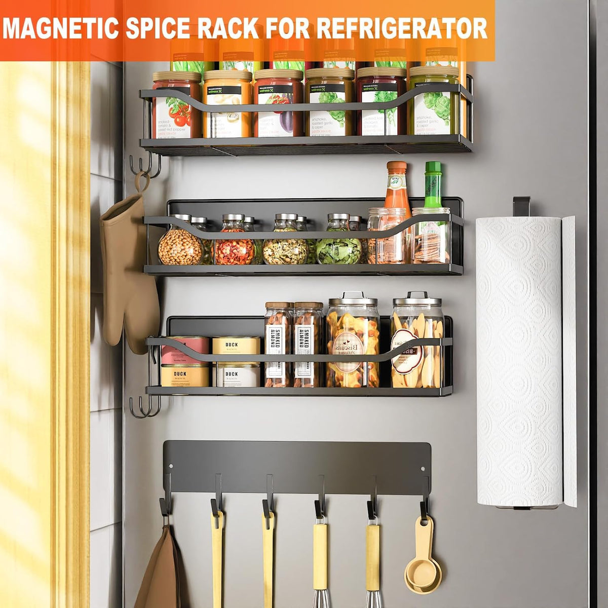 5 Pack Multifunctional Magnetic Shelves for Refrigerator Spice Rack & Washing Machine Organize, Include Paper Towel Holder, Kitchen Utensil Hanger and Hooks, Strong Magnet for Secure Hold (Black)