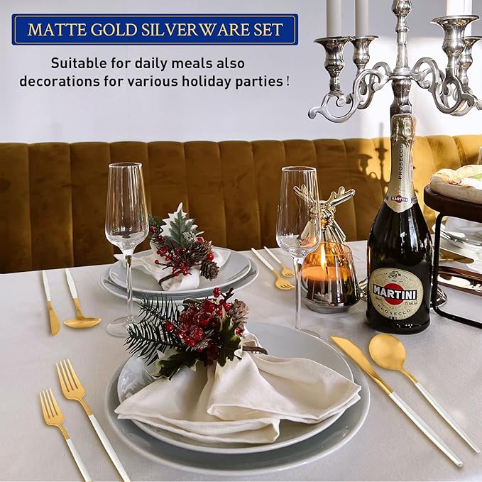 White And Gold Silverware Set for 8, 40-Pieces Matte Gold And White Handle Flatware Set, Stainless Steel Cutlery Tableware set, Kitchen utensils set Include Spoons And Forks Set, Dishwasher Safe