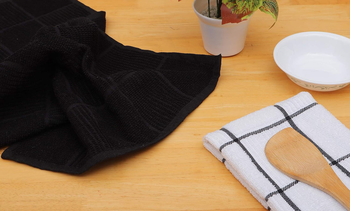 AMOUR INFINI Kitchen Towels Pack of 4 Absorbent, Quick Drying Premium Terry Cotton Dish Towel with Hanging Loop 16x28 Inch Hand & Tea Towels (Black)
