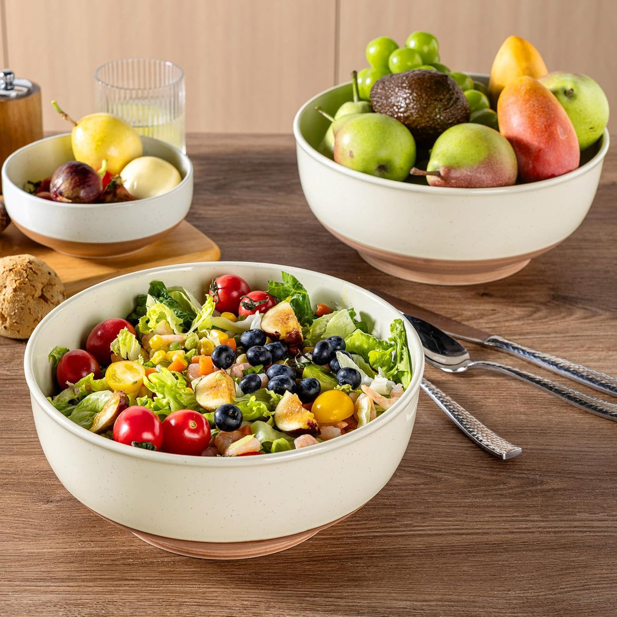 AmorArc 9.8’’ Ceramic Serving Bowls, 95 OZ Extra Large Salad Bowls Set of 2, Stoneware Oversized Bowls with Rustic Terracotta Underside for Salad, Soup and Dinner. Large Bowls for Entertaining &Gift