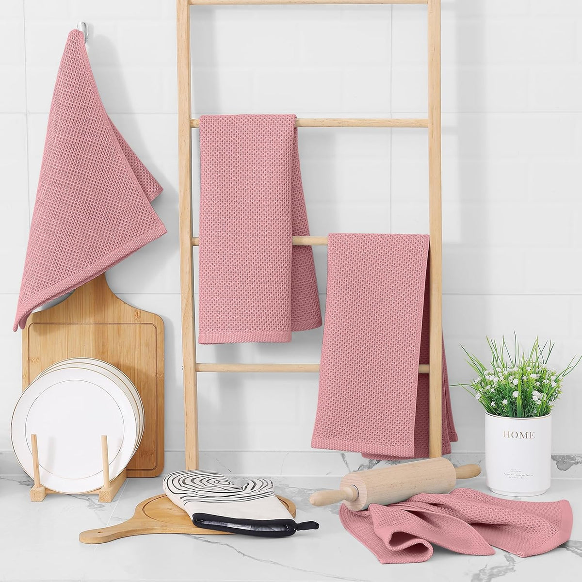 Homaxy 100% Cotton Waffle Weave Kitchen Dish Towels, Ultra Soft Absorbent Quick Drying Cleaning Towel, 13 x 28 Inches, 8-Pack, Dried Rose