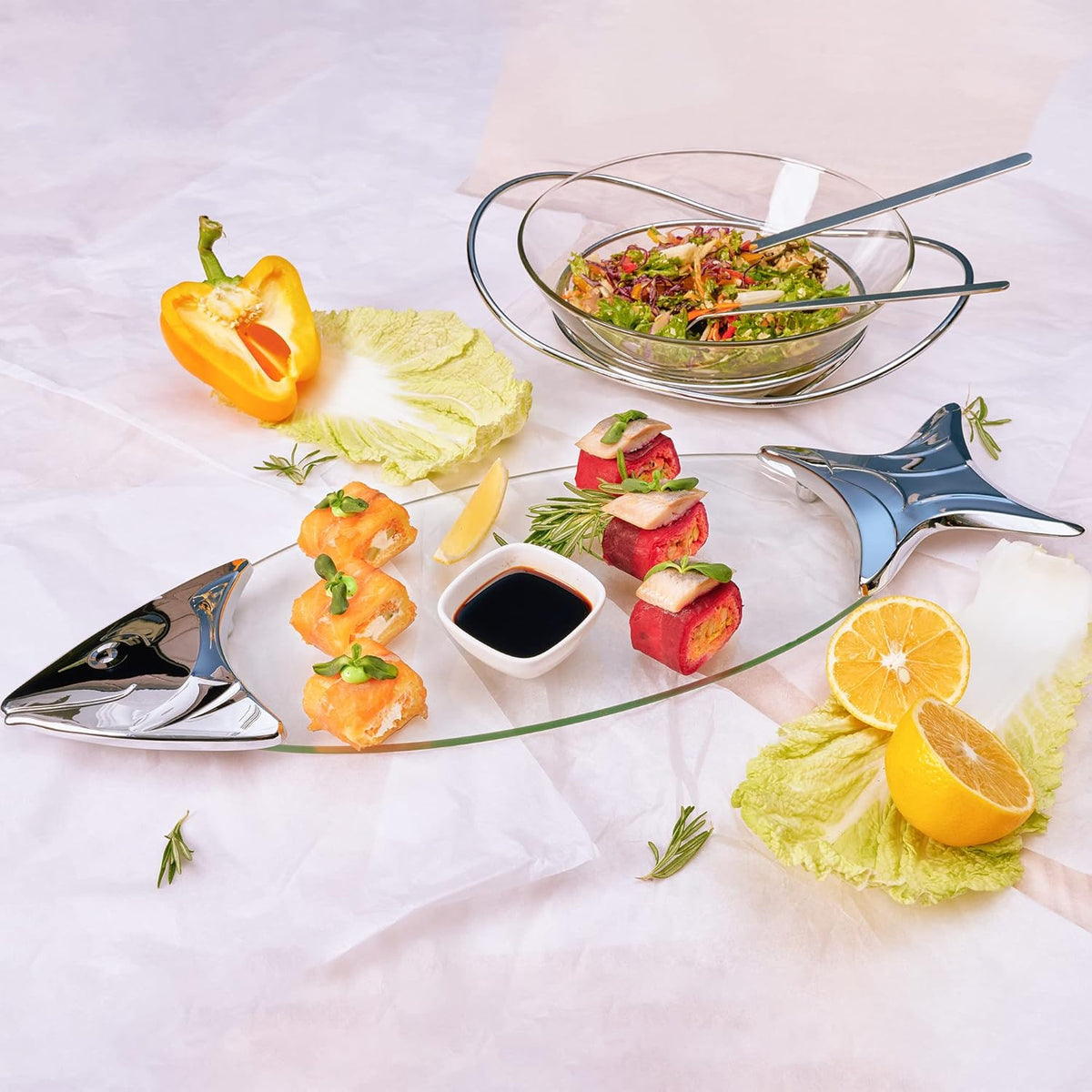Regent 18/10 CONTEMPO Chromeplated 9.8”inch 25cm Salad Bowl with Stainless Steel Servers, Big Salad Bowls with Perfect for Fruits, Vegetable or Salads