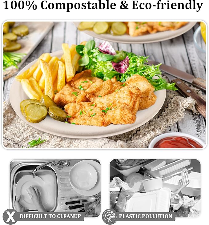 Compostable Paper Plates Set, 250PCS Disposable Heavy-Duty Sugarcane Plate and Eco-Friendly Utensil Biodegradable Dinnerware Plates, Extra Long Forks & Knives & Spoons for Party