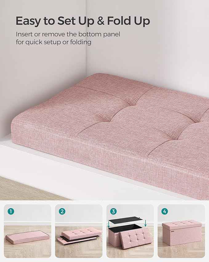 SONGMICS Mazie Collection - 30 Inches Folding Storage Ottoman Bench, Ottoman Foot Rest, End of Bed Bench, Storage Chest, Load 660 lb, for Living Room, Bedroom, Entryway, Jelly Pink ULSF047R11
