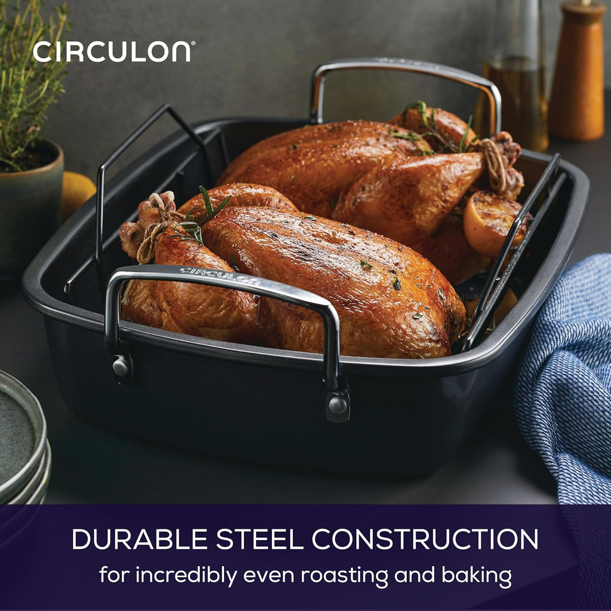 Circulon Ultra Lasting Nonstick Roaster/Roasting Pan with Easy Serve Rack, 17 Inch x 13 Inch, Black