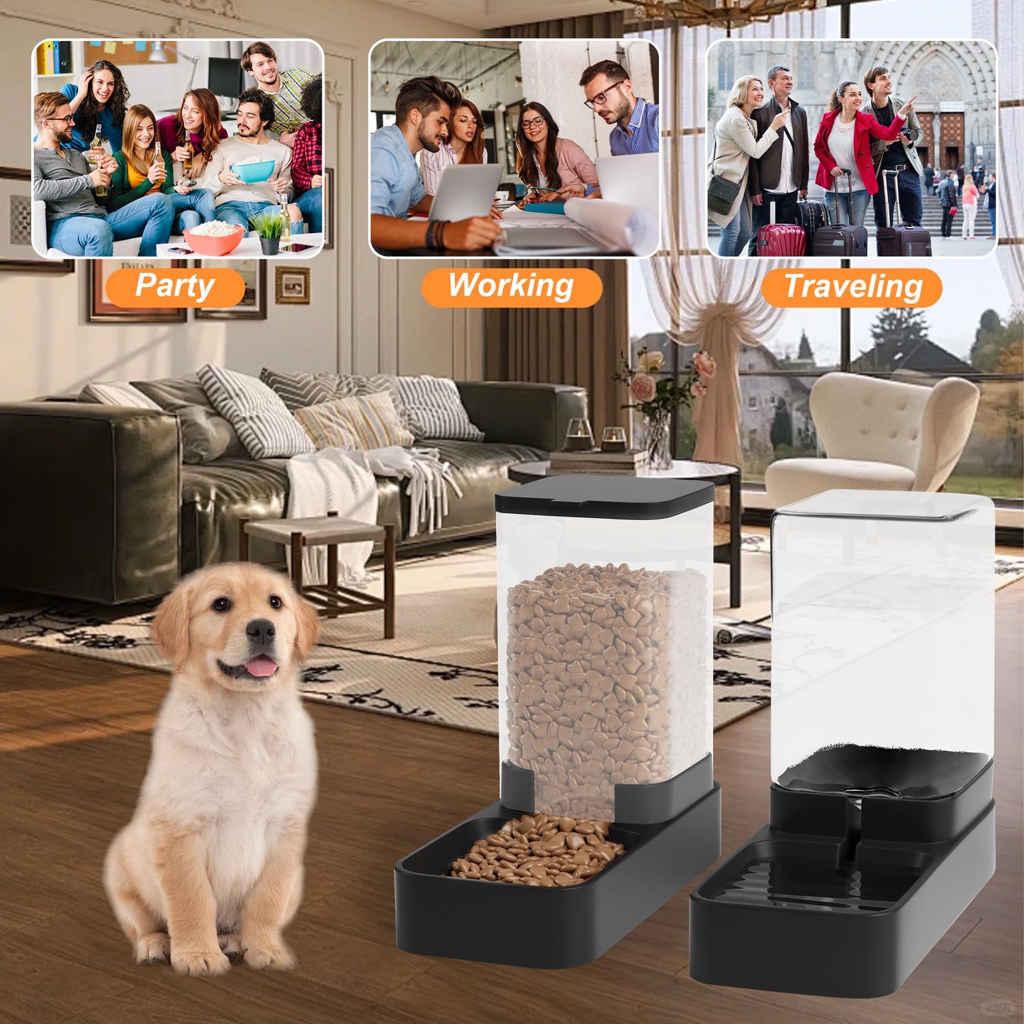 Wefeedy Automatic Cat Feeder and Water Dispenser in Set with Pet Food Bowl,Gravity Dog Waterer and Food Feeder for Small Medium Dog Cat Puppy Kitten Large Capacity(3.3L,Black)