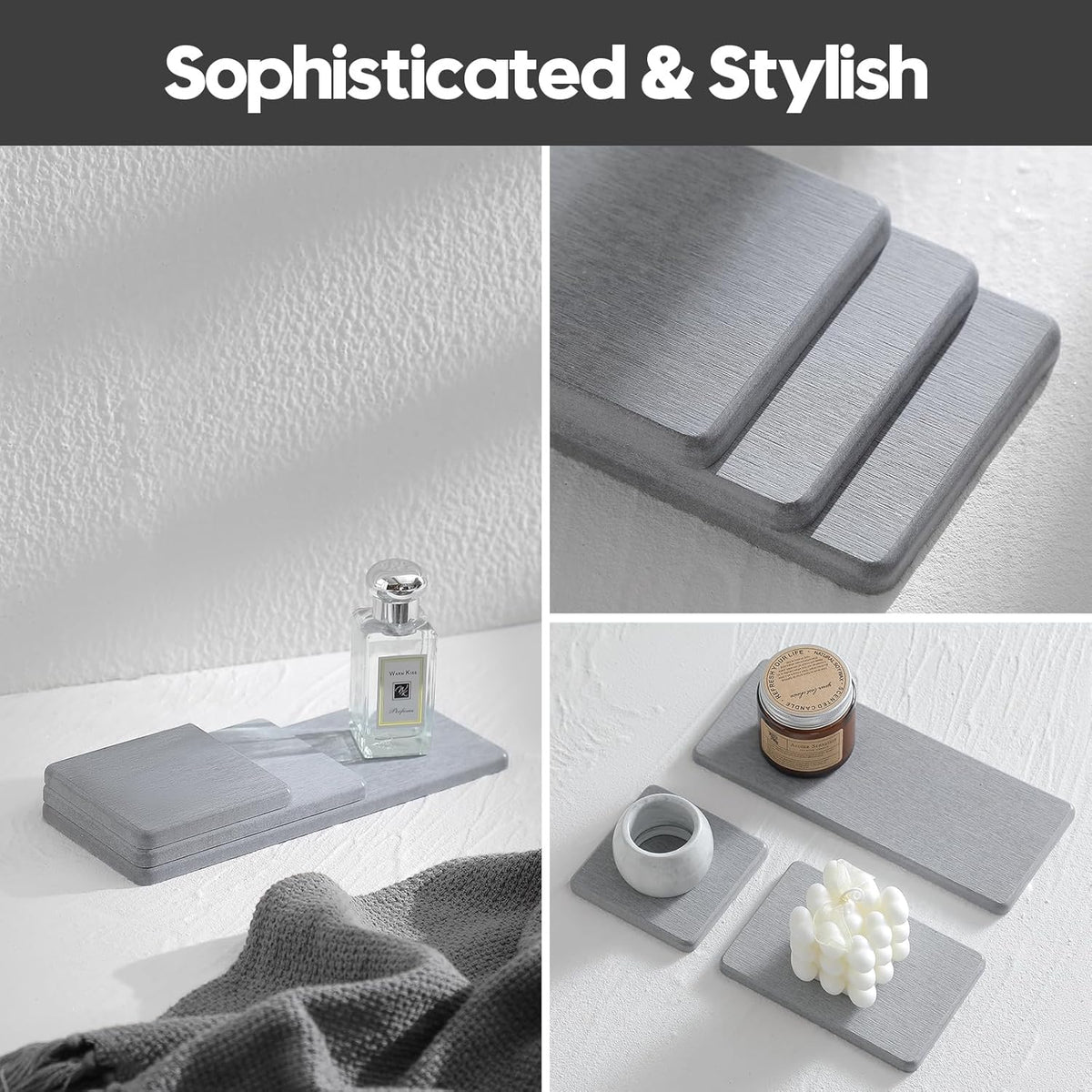 3PCS Bathroom Sink Vanity Trays, Quick Stone Drying Mat Dish Soap Dispenser Sponge Holder for Kitchen Counter, Diatomaceous Earth Water Absorbing Caddy Organizer, Light Grey
