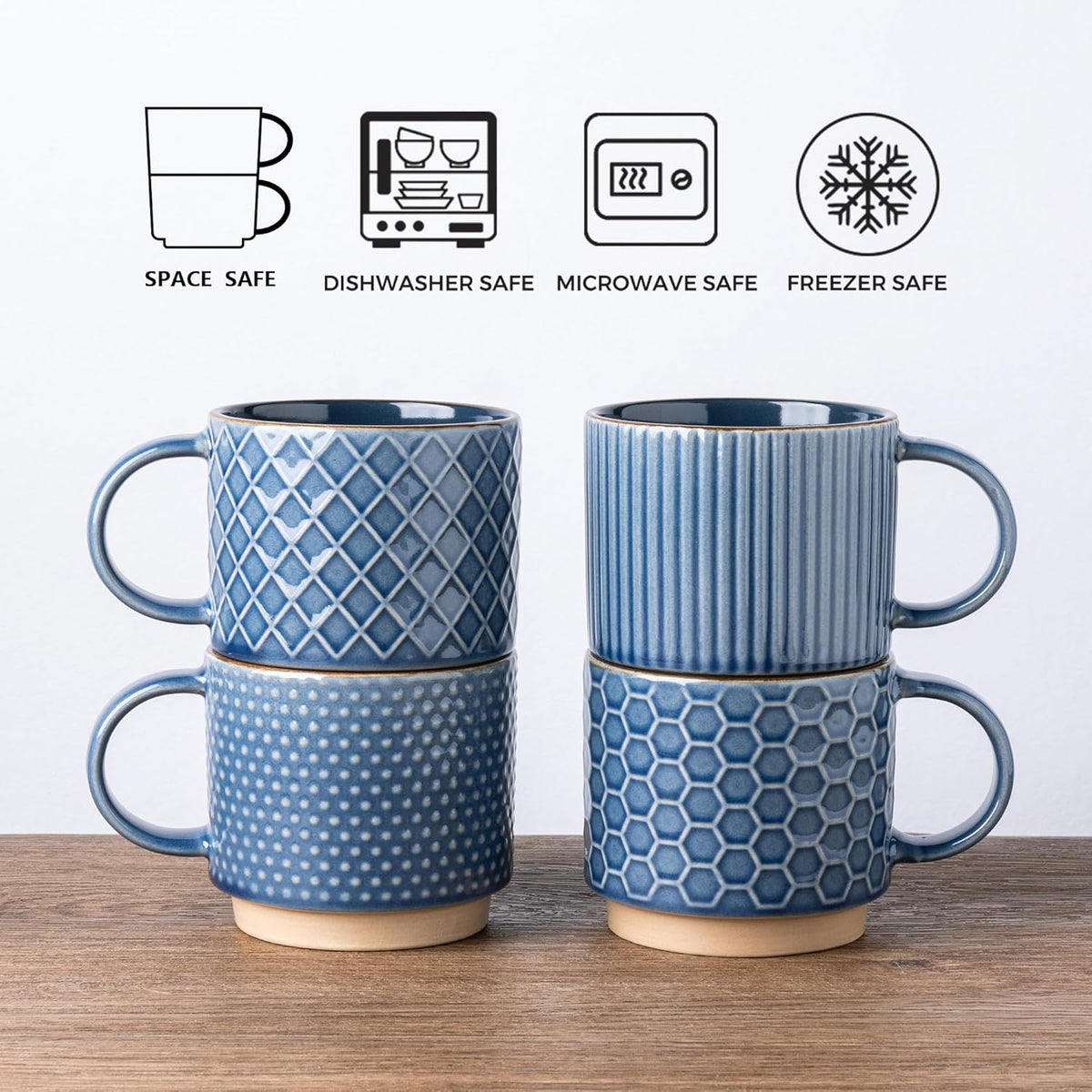 GBHOME 15OZ Stackable Coffee Mugs, Ceramic Coffee Cups with Texture Patterns for Man,Woman,Dad,Mom, Modern Coffee Mugs Set of 4 for Latte/Cappuccino/Cocoa. Dishwasher&Microwave Safe, Blue