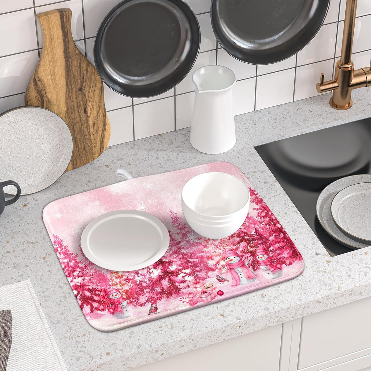 Pink Winter Dish Drying Mat Forest Washable Drying Matt Kitchen Counter Absorbent Coffee Mat for Women
